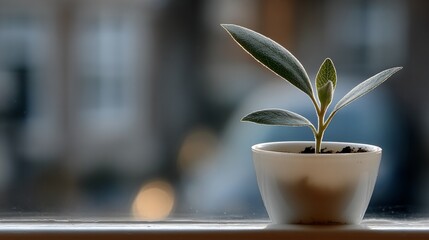 Young plant in small white pot, window backlight, soft focus background