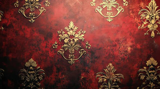 Rich red textured background with gold damask pattern.  Ornate, vintage, distressed wallpaper texture