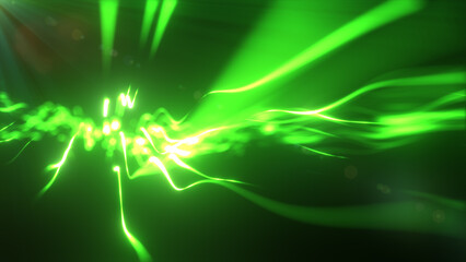 Green streaks of electric light flowing dynamically through darkness, representing energy and motion