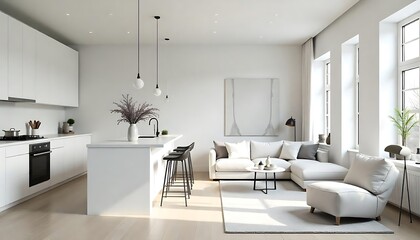 Modern white apartment interior featuring a minimalist open plan kitchen and living room with light wood accents, Elegant Open Concept White Kitchen with Scandinavian Aesthetic, generative ai