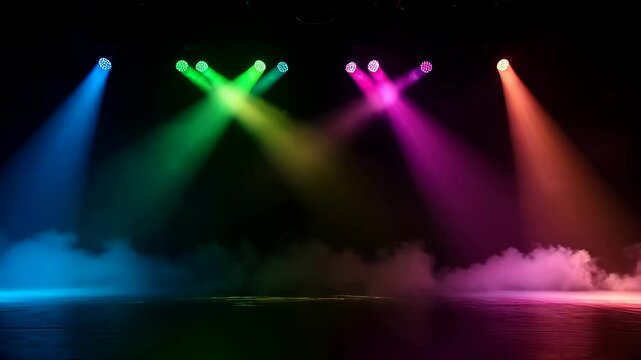 Colorful lights illuminate stage as performers prepare for captivating show on vibrant evening in theater