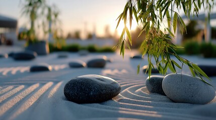 Zen garden with raked sand, rocks, and greenery in a warm, golden light