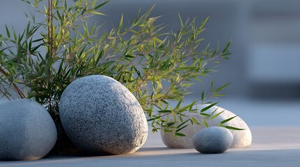 Zen garden arrangement with bamboo, stones, and natural light. Serene scene