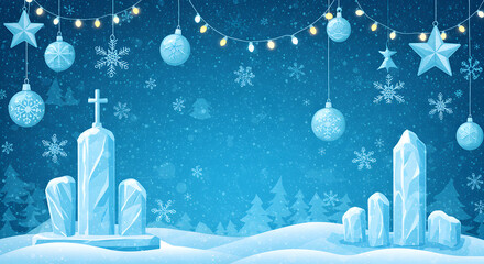 Winter Pixel Art Scene With Icy Monuments Adorned With Christmas Decorations And Falling Snow