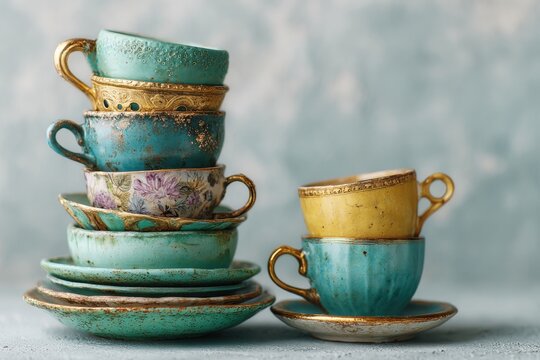 A stack of vintage tea cups and saucers, each with unique designs and gold trim, creating an elegant and decorative display on a textured background.