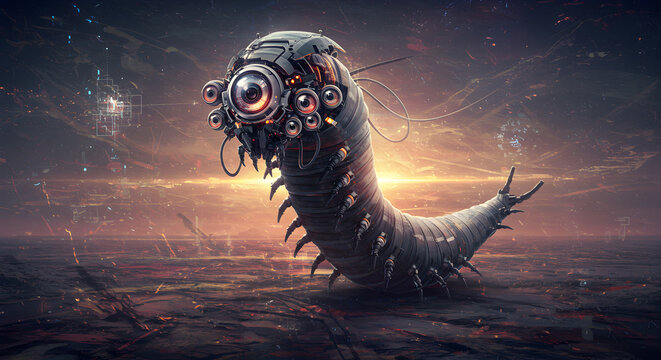 Pixel Robot Creature in Dystopian Cityscape with Fiery Orange Glow and Dark Background