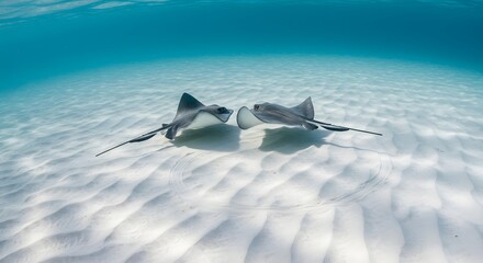 Two stingrays swimming on a sandy ocean floor under clear turquoise water surface