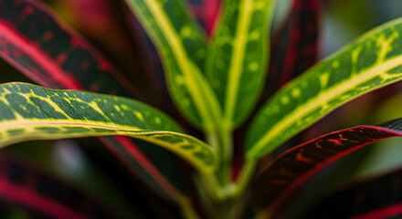 Close Up View Of Variegated Plant Leaves With Green Yellow And Red Colors Showing Texture