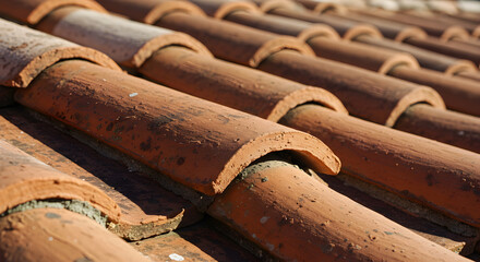 Close Up View Of Weathered Terracotta Roof Tiles Arranged In Rows Under Bright Daylight