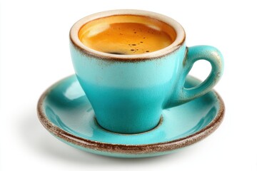 Fototapeta premium Close-up shot showcasing a vibrant blue coffee cup filled with freshly brewed espresso, perfectly placed on a matching saucer and set against a crisp white background.