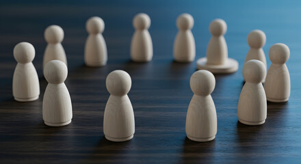 Wooden Figures In Circular Arrangement Symbolizing Teamwork And Leadership