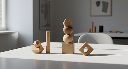 Wooden Geometric Shapes on White Table in a Minimalist Room with Neutral Tones and Soft Lighting