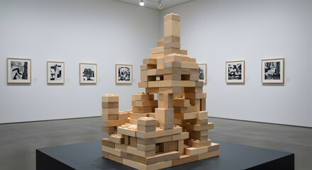 Wooden Sculpture Displayed In White Art Gallery With Framed Monochrome Artworks on Wall