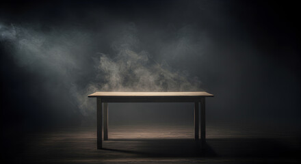 Wooden Table Illuminated In Dark Scene With Smoky Background