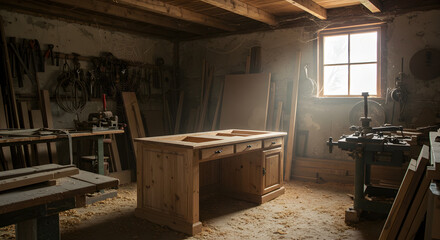 Woodworking Workshop Interior with Sunlight Shining on Workbench and Tools