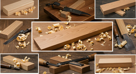 Woodworking Tools and Wooden Planks with Shavings on Brown Surface Carpentry Theme