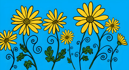 Yellow Daisy-like Flowers with Green Leaves on Blue Background Illustration