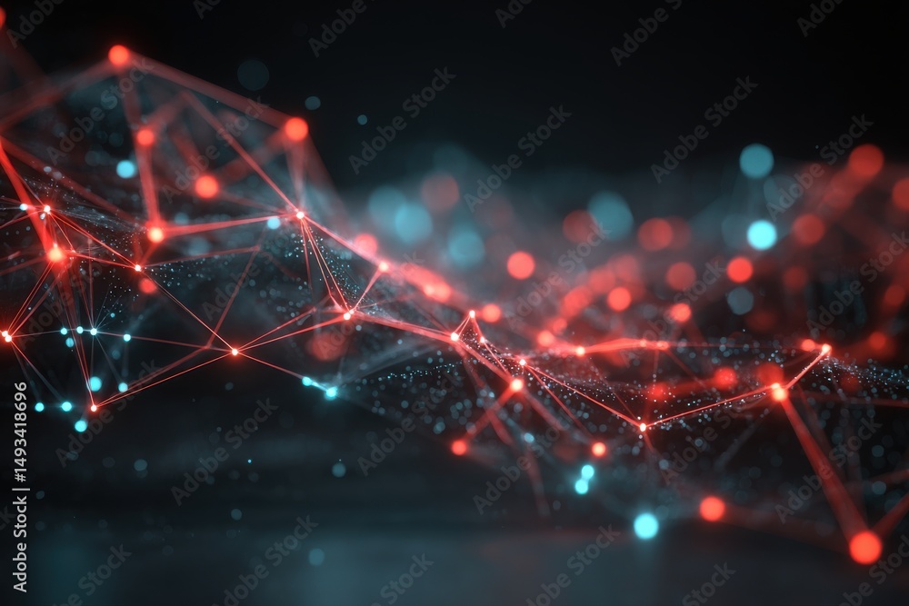 Poster complex network structure with glowing nodes and connecting lines in red and blue, representing data