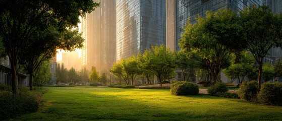 Serene Urban Oasis Low Angle View of Lush Green Lawn Trees and Modern Skyscrapers at Sunrise in City Park