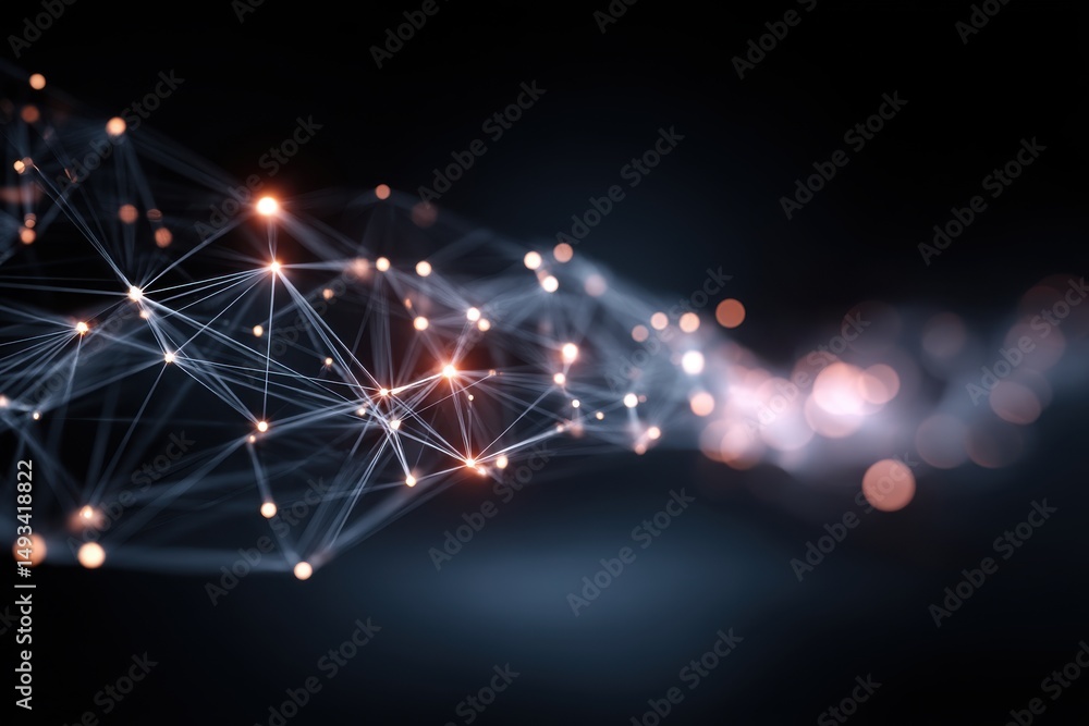 Poster abstract network connections forming a complex web with glowing points, representing data flow, comm