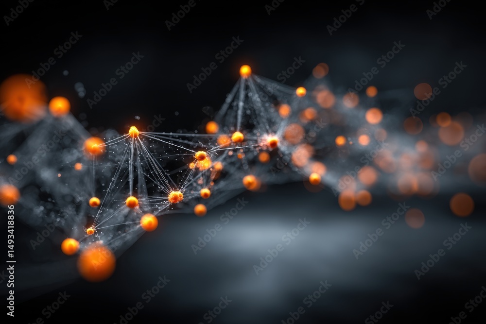 Poster abstract network of interconnected glowing nodes on a dark background, creating a complex web of con