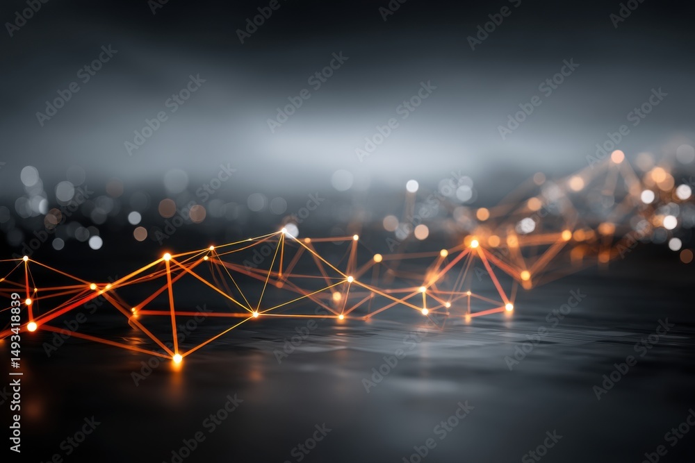 Poster an abstract network connection with orange glowing nodes forming a complex web, over a defocused cit