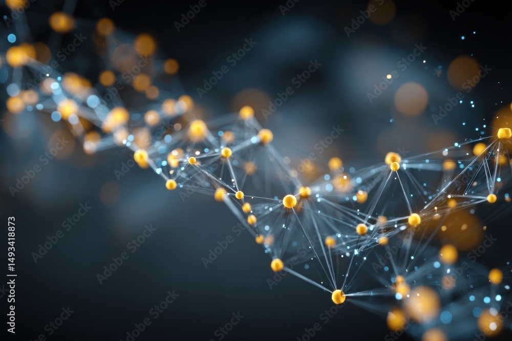 Poster an abstract depiction of a complex molecular structure with glowing nodes and connecting lines, repr