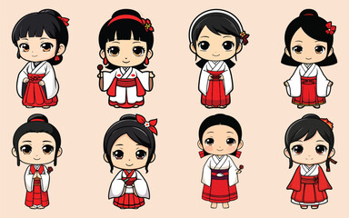 chibi characters bundle miko shrine maiden and japanese priestess figures set