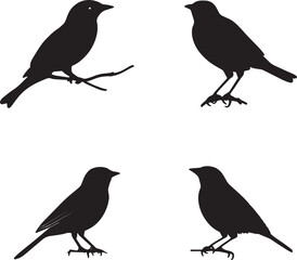 This artwork is digitally enhanced using AI and manually edited for quality. A set of four bird silhouettes perched on tree branches.