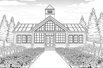 Greenhouse Botanical Garden: Sketch Style Illustration of Serene Landscape Gardening and Nature-Inspired Architecture