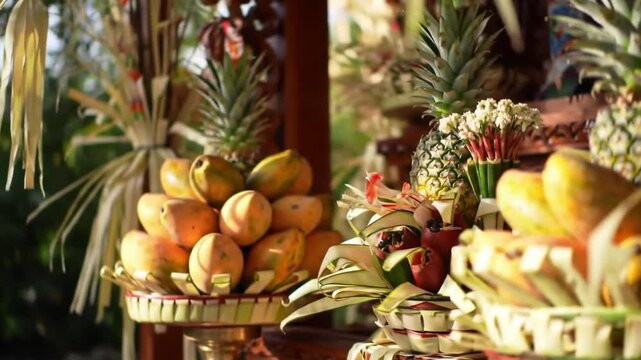 Ornate Fruit Display In Southeast Asia for Rituals and Offerings
