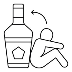 A depressed man with bottle, representing alcohol addiction problem. Sad alcoholic chained to bottle of wine. vector illustration. 