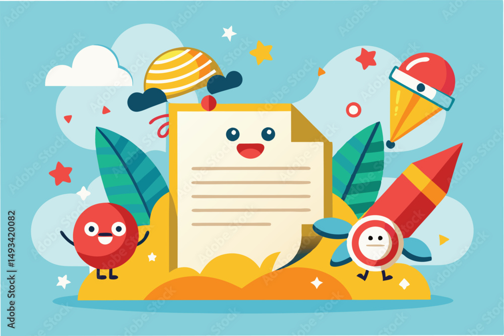 Aufkleber Colorful vector illustration featuring playful characters around a letter-shaped document in a cheerful setting with various shapes and bright colors