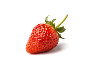 A single strawberry with stem isolated on white background sharp focus food photography style