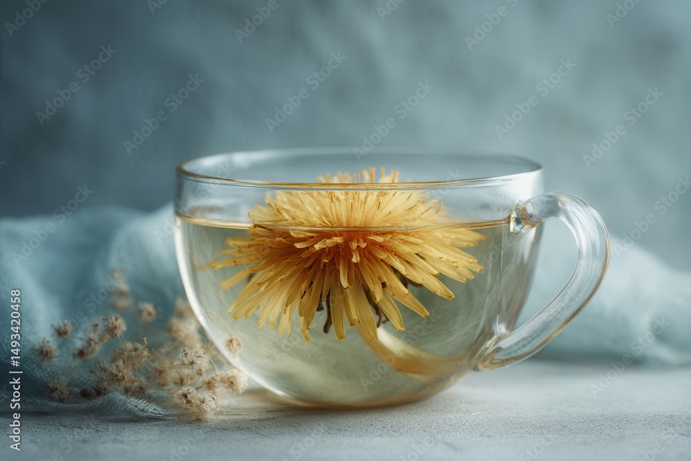 Aufkleber Dandelion infusion in clear cup on a neutral surface with subtle lighting creating a calming atmosphere, highlighting nature's beauty.