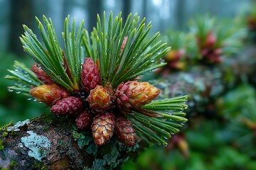 Close up of pine cones on a branch with water droplets glistening.