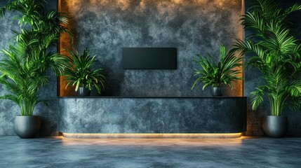 Modern reception desk with tropical plants