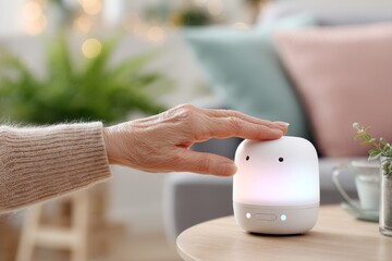 Elderly caucasian hand touching interactive smart device in cozy living room