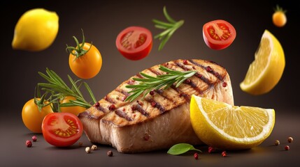 Grilled salmon steak with lemon wedges and tomatoes in levitation studio shot culinary presentation delicious food