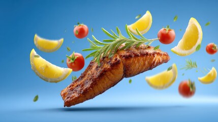 Grilled Salmon Fillet with Lemon Slices Tomatoes and Rosemary Sprig Floating in Mid Air Food Photography Studio Shot