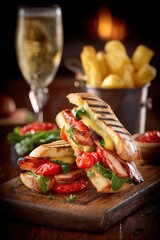 Grilled Panini Sandwich with Chicken and Tomatoes Served on Wooden Board with Champagne and Fries