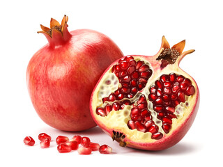 A whole pomegranate and a half with seeds exposed isolated on white clean bold color