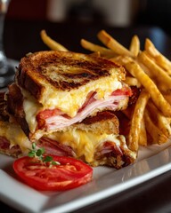 Grilled cheese sandwich with ham and tomato served with fries on a white plate close up studio shot