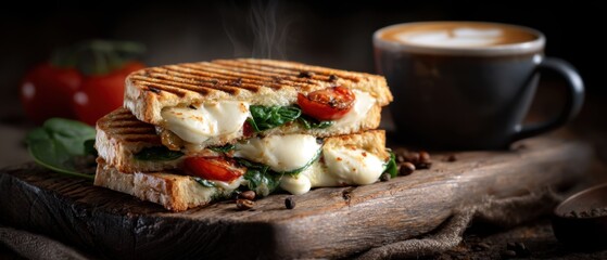 Grilled Panini Sandwich with Melted Mozzarella Spinach and Tomato Served with Coffee on Wooden Board