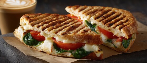 Close up of Grilled Panini Sandwich with Fresh Mozzarella Tomato and Spinach Served with Latte on Dark Background