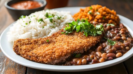 Delicious fried steak with rice and beans recipe plated for a tasty meal and food photography