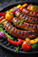 Grilled sausages with vegetables on cast iron pan top view close up shot food photography delicious meal preparation