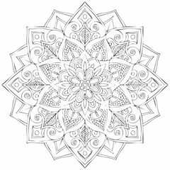 Highly detailed floral and geometric mandala vector illustration in black and white with symmetrical spiral and petal patterns for adult coloring books and mindfulness designs