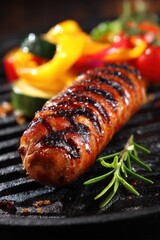 Grilled Sausage Close Up on Grill with Vegetables and Rosemary Sprig Delicious Meal Preparation