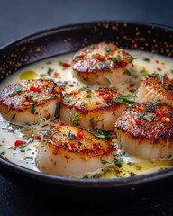 Pan-Seared Scallops in Creamy Sauce Close-Up Food Photography Delicious Gourmet Meal Restaurant Plate Elegant Presentation Culinary Art
